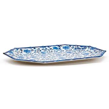 Two's Company Blue Floral Pattern Octagonal Serving Tray/Platter w/Bamboo Rim