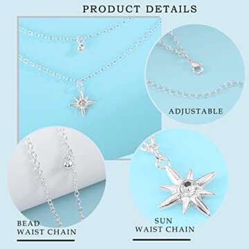 Wriidy Layered Beads Waist Chain Silver Sun Belly Chain Bikini Body Chains Women Adjustable Beach Waist Jewelry Accessories