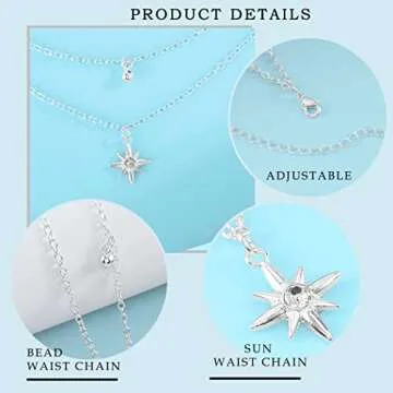 Wriidy Layered Beads Waist Chain Silver Sun Belly Chain Bikini Body Chains Women Adjustable Beach Waist Jewelry Accessories