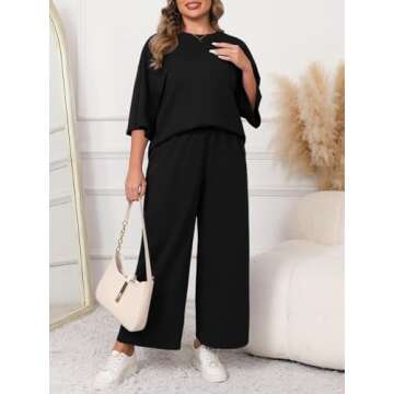 Beautife Womens Plus Size 2 Piece Outfits 3/4 Sleeve Tops and Wide Leg Pants Loungewear Pajamas Sets Black