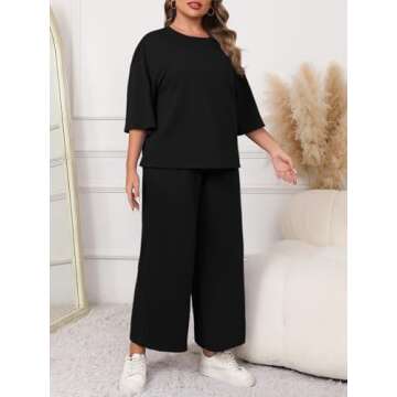 Beautife Womens Plus Size 2 Piece Outfits 3/4 Sleeve Tops and Wide Leg Pants Loungewear Pajamas Sets Black