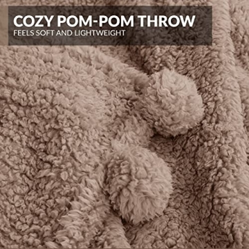 Sherpa Throw 50”x60” Blanket for Couch - 60x80, Beige with Pom Poms - Fuzzy, Fluffy, Plush, Soft, Cozy, Warm - Perfect Throw 50”x60”s for Bed, Sofa, Couches