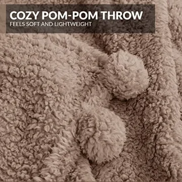 Sherpa Throw 50”x60” Blanket for Couch - 60x80, Beige with Pom Poms - Fuzzy, Fluffy, Plush, Soft, Cozy, Warm - Perfect Throw 50”x60”s for Bed, Sofa, Couches