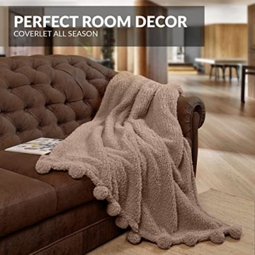 Sherpa Throw 50”x60” Blanket for Couch - 60x80, Beige with Pom Poms - Fuzzy, Fluffy, Plush, Soft, Cozy, Warm - Perfect Throw 50”x60”s for Bed, Sofa, Couches