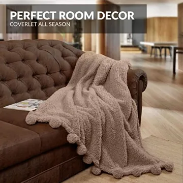 Sherpa Throw 50”x60” Blanket for Couch - 60x80, Beige with Pom Poms - Fuzzy, Fluffy, Plush, Soft, Cozy, Warm - Perfect Throw 50”x60”s for Bed, Sofa, Couches