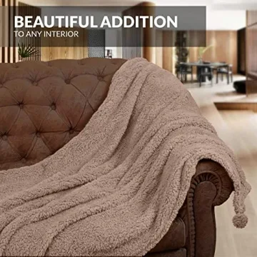 Sherpa Throw 50”x60” Blanket for Couch - 60x80, Beige with Pom Poms - Fuzzy, Fluffy, Plush, Soft, Cozy, Warm - Perfect Throw 50”x60”s for Bed, Sofa, Couches