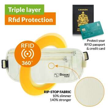 Boxiki Travel Hidden Money Belt for Men & Women - RFID Blocking Waist Pack for Passport, Wallet & Ph...