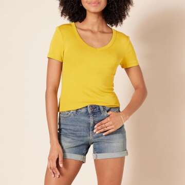 Amazon Essentials Women's Slim-Fit Short-Sleeve V-Neck T-Shirt, Pack of 2, Gold/Olive, Medium