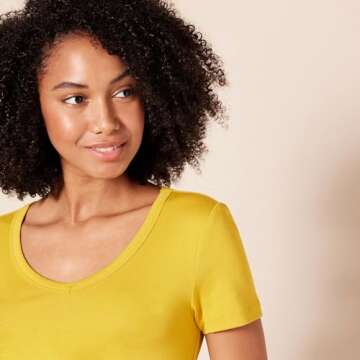 Amazon Essentials Women's Slim-Fit Short-Sleeve V-Neck T-Shirt, Pack of 2, Gold/Olive, Medium