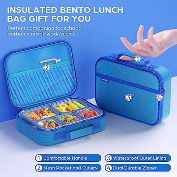 TIME4DEALS Bento Box Stainless Steel Lunch Box Set with for Lunch Bag Kids Adult 5-Compartment Leakproof Insulated Lunch Containers with Utensils for School Works, Metal Lunchbox Tray BPA-Free (Blue)