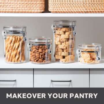 Oggi 4pc Clear Canister Set with Clamp Lids Airtight Containers in Sizes Ideal for Kitchen & Pantry Storage of Bulk, Dry Foods Including Flour, Sugar, Coffee, Rice, Tea, Spices & Herbs