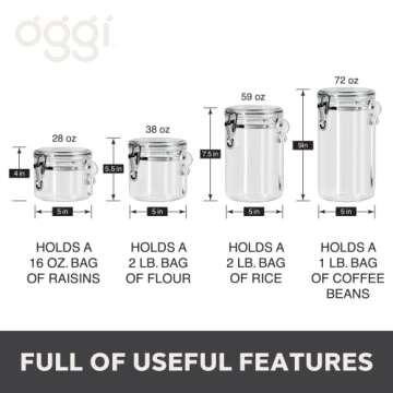Oggi 4pc Clear Canister Set with Clamp Lids Airtight Containers in Sizes Ideal for Kitchen & Pantry Storage of Bulk, Dry Foods Including Flour, Sugar, Coffee, Rice, Tea, Spices & Herbs