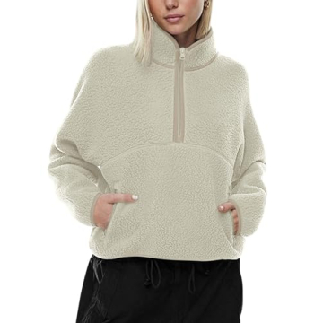 LASLULU Womens Half Zip Sherpa Pullover White Cropped Sweatshirts Fleece Jacket Cute Teen Girls Swea...
