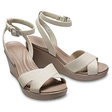 Crocs Women's Leigh II Cross-Strap Ankle Wedges Sandal, Oatmeal/Mushroom, Numeric_9