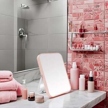 YEAKE Table Desk Vanity Makeup Mirror,8-Inch Portable Folding Mirror with Metal Stand 90°Adjustable Rotation Tavel Make Up Mirror Hanging Bathroom for Shower Shaving(Pink)