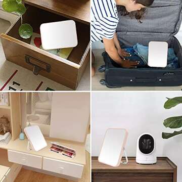 YEAKE Table Desk Vanity Makeup Mirror,8-Inch Portable Folding Mirror with Metal Stand 90°Adjustable Rotation Tavel Make Up Mirror Hanging Bathroom for Shower Shaving(Pink)