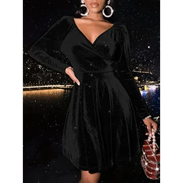 Sexyasasii Short Dress for Women Wrap V Neck Long Sleeve Glitter Velvet Knee Length Holiday Winter Christmas Eve Gala Dresses for Women(Black,XL)