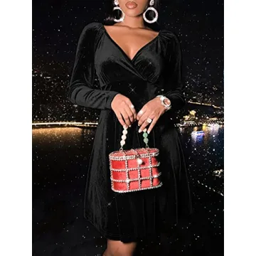 Sexyasasii Short Dress for Women Wrap V Neck Long Sleeve Glitter Velvet Knee Length Holiday Winter Christmas Eve Gala Dresses for Women(Black,XL)