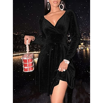Sexyasasii Short Dress for Women Wrap V Neck Long Sleeve Glitter Velvet Knee Length Holiday Winter Christmas Eve Gala Dresses for Women(Black,XL)