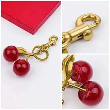 Lmuwecno Luxurious 18K Gold Plated Cherry Bag Charm, Cherry Keychain Accessory Purse Charm