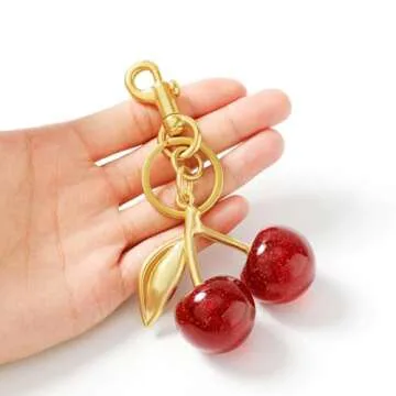 Lmuwecno Luxurious 18K Gold Plated Cherry Bag Charm, Cherry Keychain Accessory Purse Charm