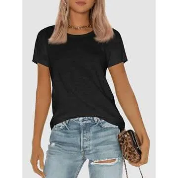 ATHMILE Tshirts Shirts for Womens Short Sleeve Round Neck Shirts Summer Top Fashion Basic Tee Business Casual Black