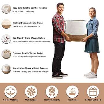 CHLOÉ + KAI Woven Storage Basket (H17.5"×D17.5"), Large Blanket Basket – Decorative Cotton Rope Basket for Nursery, Laundry, Living Room, Pillows, Toys, Baby, Plant Pot – Soft Storage Bin with Handle