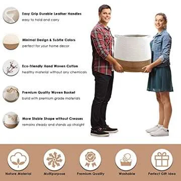 CHLOÉ + KAI Woven Storage Basket (H17.5"×D17.5"), Large Blanket Basket – Decorative Cotton Rope Basket for Nursery, Laundry, Living Room, Pillows, Toys, Baby, Plant Pot – Soft Storage Bin with Handle