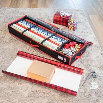 Premium Wrapping Paper Storage Container -Durable Material 600D tear-proof - Fits up to 27 Paper Rolls -Extra Pockets for Ribbons & Bows. Underbed Gift Wrap Organizer, Ideal for Holiday Christmas, etc