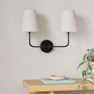 TERLEENART Battery Rechargeable Operated 3 Colors Dimmable Wall Sconce,Double Light with White Fabric Tapered Shades and Black Base for Bedroom Living Room Hallway