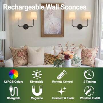 TERLEENART Battery Rechargeable Operated 3 Colors Dimmable Wall Sconce,Double Light with White Fabric Tapered Shades and Black Base for Bedroom Living Room Hallway