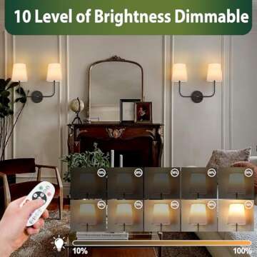 TERLEENART Battery Rechargeable Operated 3 Colors Dimmable Wall Sconce,Double Light with White Fabric Tapered Shades and Black Base for Bedroom Living Room Hallway