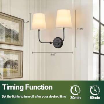 TERLEENART Battery Rechargeable Operated 3 Colors Dimmable Wall Sconce,Double Light with White Fabric Tapered Shades and Black Base for Bedroom Living Room Hallway