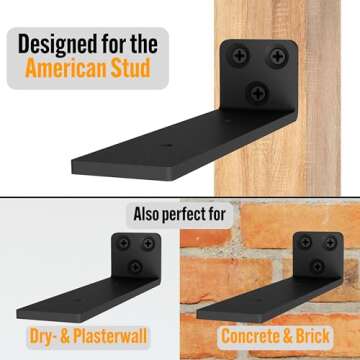 EVALD Floating Shelf Brackets | Hidden Black Carbon Steel Brackets for 6-inch Board (5 1/4" True Siz...