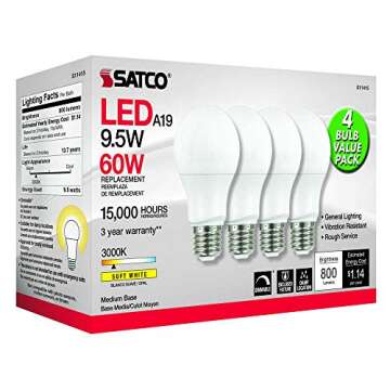 Satco 4.17 Inch 9.5W A19 LED Medium Base Replacement Lamp (Pack of 4)-3000 Color Temperature-Frosted Finish