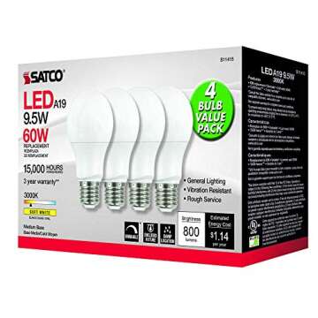 Satco 4.17 Inch 9.5W A19 LED Medium Base Replacement Lamp (Pack of 4)-3000 Color Temperature-Frosted Finish