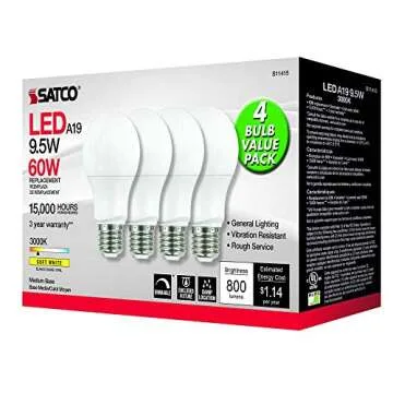 Satco 9.5W A19 LED Bulbs - Warm White 3000K 4-Pack