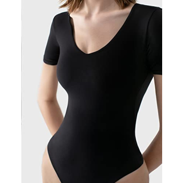 PUMIEY Sexy V Neck Bodysuit for Women Fashion Tops