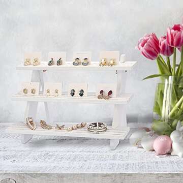 ELLDOO 3-Tier Wooden Display Riser, Jewelry Showcase Rack, Earring Ring Display Stand, Rustic White Wooden Display Stand Shelves for Toys Figures Cupcake Perfume Collection Cosmetic Plant Stand