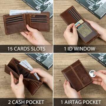 Swallowmall AirTag Wallet Mens RFID Blocking Genuine Bifold Leather Wallets for air tag Men's Wallet with 1 ID Window 15 Card Slots (Airtag Not included)