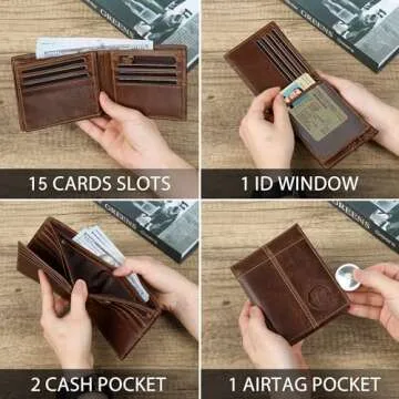 Swallowmall AirTag Wallet Mens RFID Blocking Genuine Bifold Leather Wallets for air tag Men's Wallet with 1 ID Window 15 Card Slots (Airtag Not included)