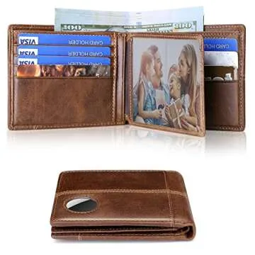Swallowmall AirTag Wallet Mens RFID Blocking Genuine Bifold Leather Wallets for air tag Men's Wallet with 1 ID Window 15 Card Slots (Airtag Not included)