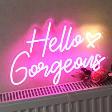 DAKABUKA Hello Gorgeous Neon Sign Hello Beautiful Pink LED Neon Lights for Home Wedding Birthday Backdrop Bacelorette Party Wth Dimmable Switch(5V,16.5X10.6inches)