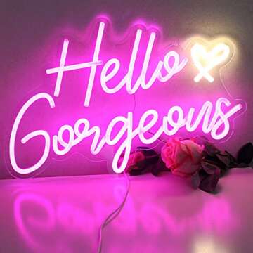 DAKABUKA Hello Gorgeous Neon Sign Hello Beautiful Pink LED Neon Lights for Home Wedding Birthday Backdrop Bacelorette Party Wth Dimmable Switch(5V,16.5X10.6inches)