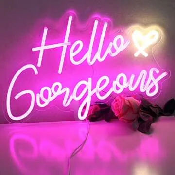 DAKABUKA Hello Gorgeous Neon Sign Hello Beautiful Pink LED Neon Lights for Home Wedding Birthday Backdrop Bacelorette Party Wth Dimmable Switch(5V,16.5X10.6inches)