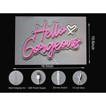 DAKABUKA Hello Gorgeous Neon Sign Hello Beautiful Pink LED Neon Lights for Home Wedding Birthday Backdrop Bacelorette Party Wth Dimmable Switch(5V,16.5X10.6inches)