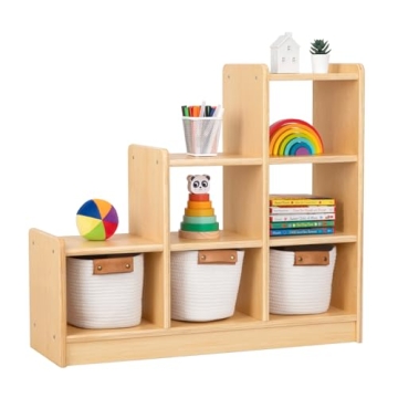 OOOK 9 Cube Shelves Storage Cabinet, L Shaped Freestanding Ladder Corner Bookshelf 6 Cubes Stepped E...