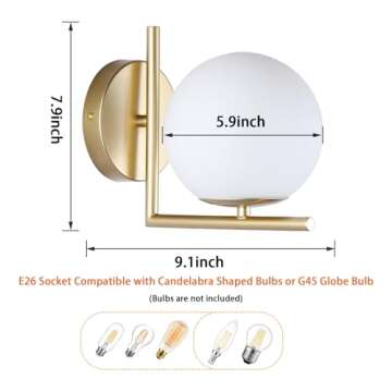 Yuniexuber Gold Mid Century Wall Sconces Set of Two,Modern Sconces Wall Lighting Decor with Globe Mi...
