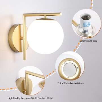 Yuniexuber Gold Mid Century Wall Sconces Set of Two,Modern Sconces Wall Lighting Decor with Globe Milky White Glass Shade for Bedroom Kitchen Hallway Living Room Bathroom Vanity Light Fixture