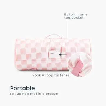 Wake In Cloud - Toddler Nap Mat with Pillow and Blanket, for Kids Boys Girls in Kindergarten Daycare Preschool Pre K, Roll Up Sleeping Bag, Gingham Plaid Grid Checkered, Pink White, Standard